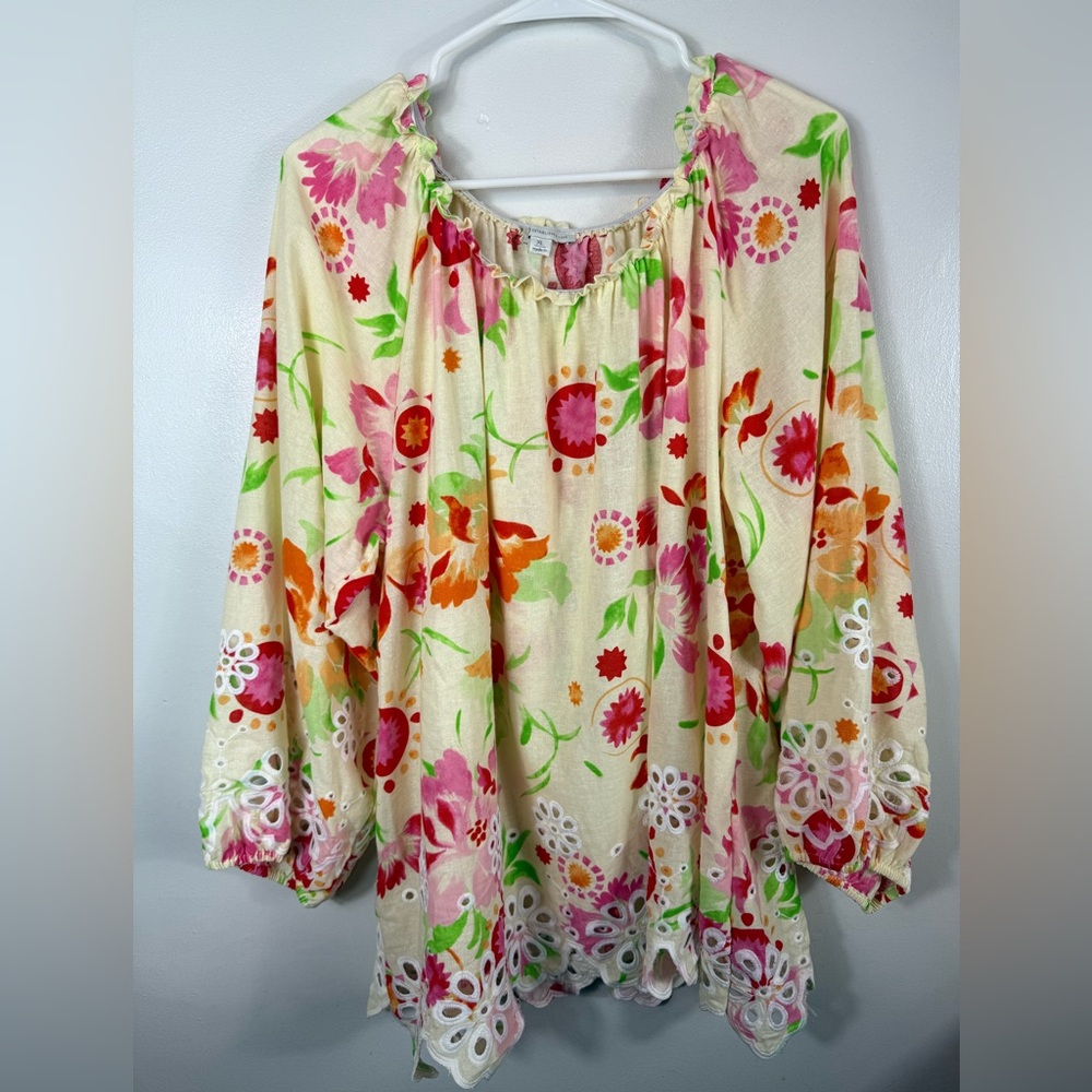 Cato Womens Boho Eyelet Floral 100% Cotton Blouse Yellow Multicolored Size XL